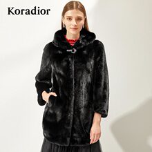 Koradior/珂莱蒂尔品牌女装2018冬装新款中长款连帽水貂皮草外套图片