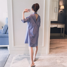 新款 孕妇辣妈衬衫 竖条纹露背打结时尚 2019夏装 韩版 孕妇装 连衣裙子