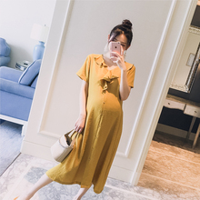 孕妇装2019夏装新款荷叶领开衫系带宽松时尚孕妇辣妈长款连衣裙子