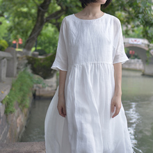 大摆飘逸白色长裙 言午葵夏季旅行轻薄苎麻仙气质双层清透圆领短袖