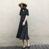 V领雪纺裙长裙女夏2018夏季女装新款韩版波点连衣裙冷淡风超仙裙