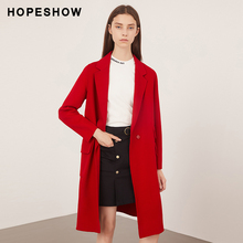 hopeshow大衣红袖女装双面呢毛呢大衣纯色长袖中长款毛呢外套女图片