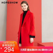 hopeshow大衣红袖冬季新款女装纯色中长款开叉喇叭袖翻领毛呢外套图片