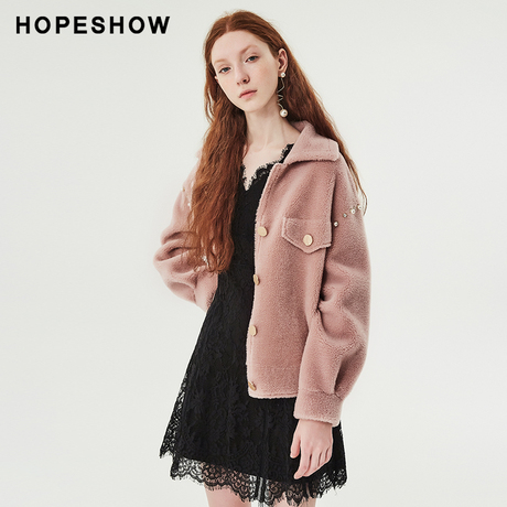 hopeshow外套红袖冬季2018新款女装单排扣翻领羊羔毛皮草短外套女商品大图