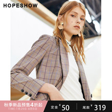 红袖秋季2018新款女装韩版格子显瘦职业双排扣长袖西装外套女图片