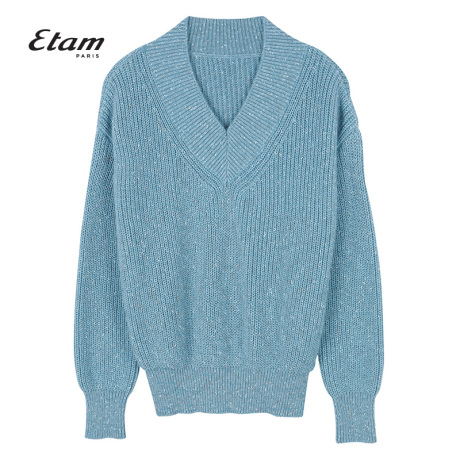 艾格Etam2018冬季新款女韩版V领混织短款毛衣套头衫8E011714546商品大图