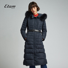 艾格Etam2018冬季新款女毛领连帽保暖中长款羽绒服8E013506340图片