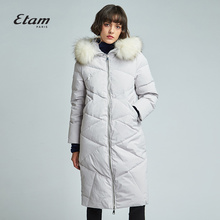艾格Etam2018冬季新款女纯色毛领连帽中长款羽绒服8E013504362图片