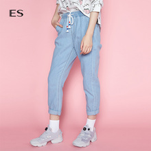 艾格ES2018夏新款时尚抽绳系带哈伦牛仔裤女8E032306444