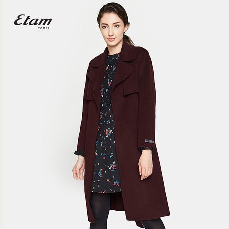 艾格Etam2018新款简约纯色双面呢毛呢中长款大衣女8A0134042商品大图