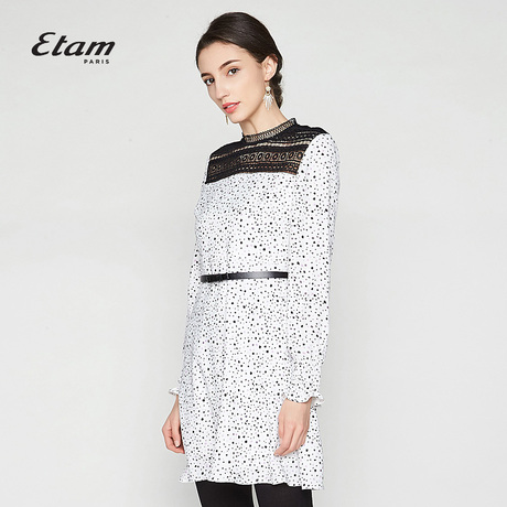 艾格Etam2018新款雪纺波点印花中长款长袖连衣裙8E012200599商品大图