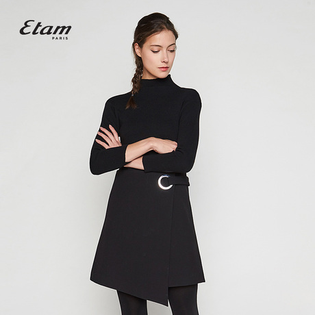 艾格Etam2018新款纯色半高领拼接短款长袖连衣裙8E012203295商品大图