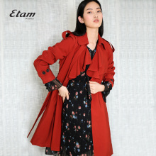 艾格Etam2018新款时尚纯色荷叶V领中长款风衣外套女8E013400109图片