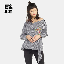 艾格E＆joy时尚休闲复古格子绣花长袖衬衫女8A081401595图片