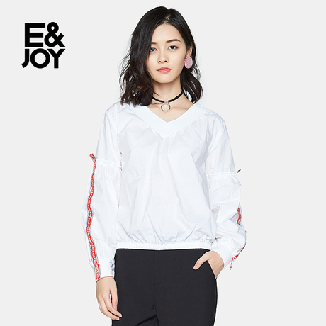 艾格E＆joy时尚字母织带装饰V领套头长袖衬衫女8A081408586商品大图