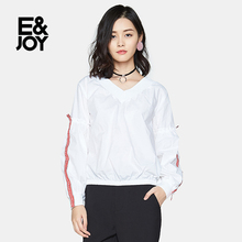 艾格E＆joy时尚字母织带装饰V领套头长袖衬衫女8A081408586图片