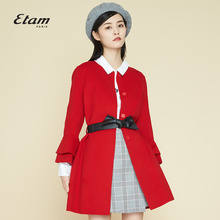艾格Etam时尚喇叭袖纯色圆领中长款直筒毛呢大衣女8A013404101图片