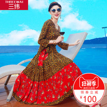 三纬2018夏季新款欧美时尚印花桑蚕丝连衣裙女修身长袖真丝长裙子图片