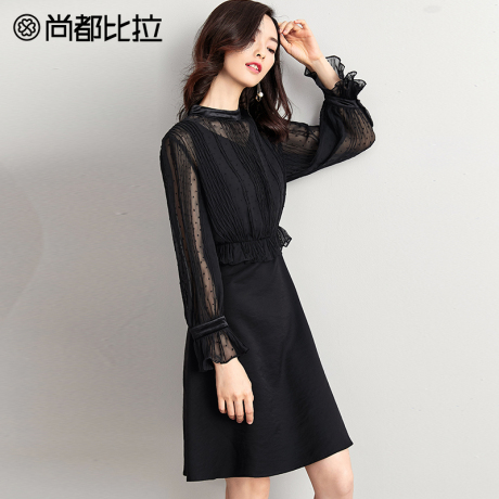 尚都比拉女裙2018新款秋装气质雪纺提花透视长袖花边假两件连衣裙商品大图