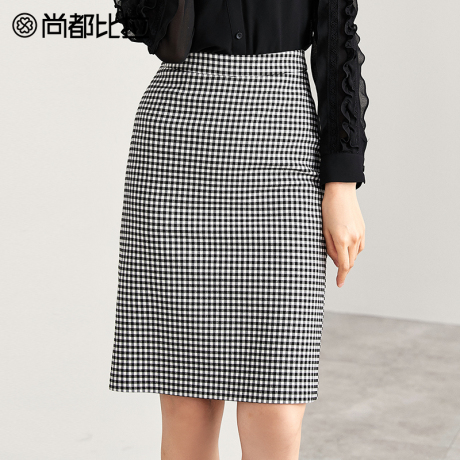 尚都比拉半身裙女2018新款秋季英伦风复古格子纹隐形拉链包臀裙商品大图