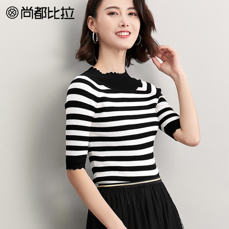 尚都比拉上衣女2018新款波浪边领口撞色黑白条纹中袖套头毛针织衫商品大图