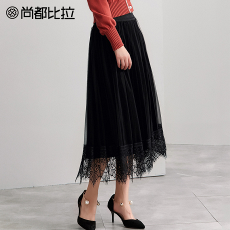 复古丝绒蕾丝花边透视网纱大摆A字裙半身裙女尚都比拉2018秋新款商品大图