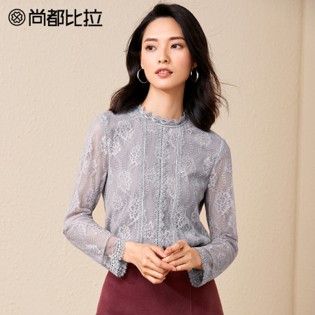 尚都比拉上衣女2018新款秋气质立领花边性感显瘦透视长袖蕾丝衫女商品大图