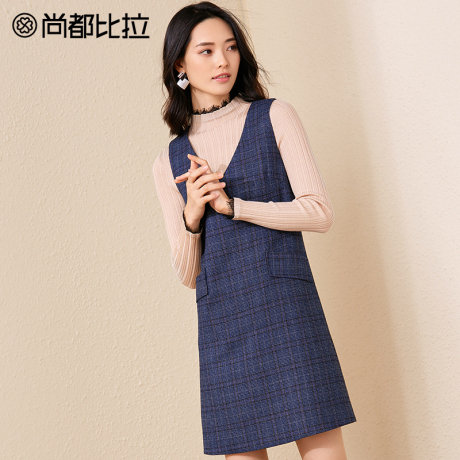 尚都比拉裙子女2018新款秋装时尚V领显瘦色织格子无袖雪纺连衣裙商品大图