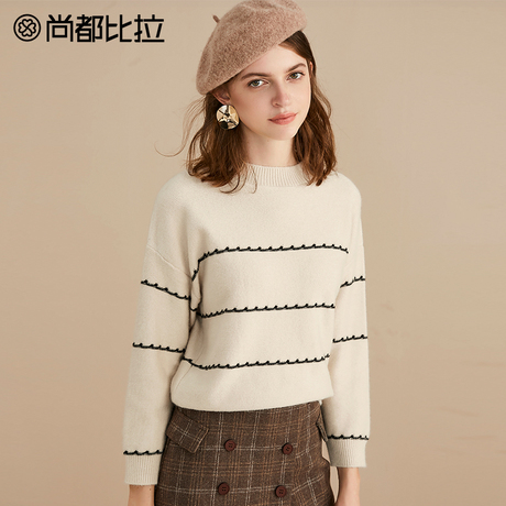 尚都比拉2018新款秋装减龄清新撞色条纹简约短款套头毛针织衫女商品大图