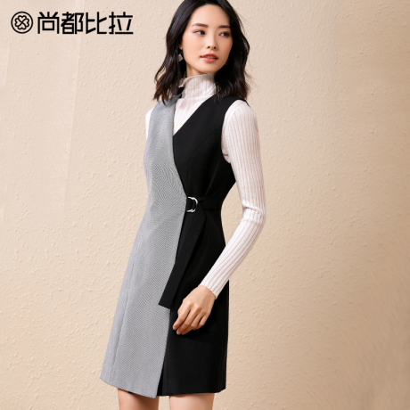 尚都比拉2018秋新款拼接复古千鸟格系带收腰显瘦无袖雪纺连衣裙女商品大图