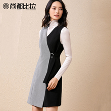 尚都比拉2018秋新款拼接复古千鸟格系带收腰显瘦无袖雪纺连衣裙女图片