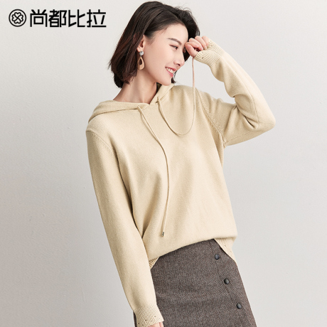 尚都比拉上衣女2018秋新小心机镂空简约百搭连帽抽绳纯色毛针织衫商品大图