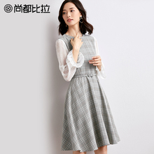 尚都比拉2018新款秋装复古拼接格子透视喇叭袖假两件雪纺连衣裙女图片