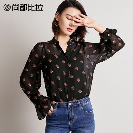 尚都比拉上衣女2018新款秋装内搭吊带两件套复古喇叭印花雪纺衬衫商品大图