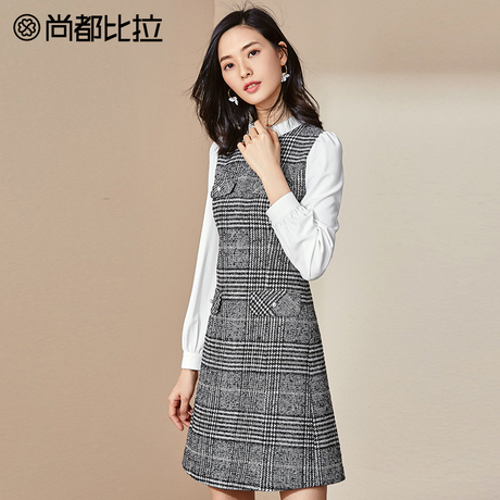 【8折价270元】尚都比拉半高领盖袋复古格子时尚拼接假两件连衣裙商品大图