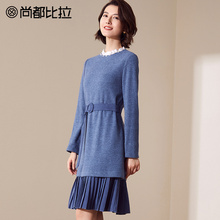 【8折价310元】尚都比拉可拆卸腰带裙摆拼接百褶假两件毛呢连衣裙图片