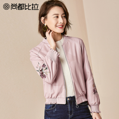 【8折价238元】尚都比拉绣花木耳边显瘦插肩袖短款夹克外套pu皮衣商品大图