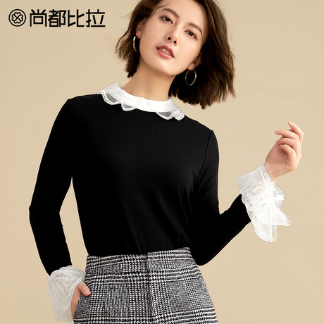 【8折价150元】尚都比拉撞色拼接网纱蕾丝花瓣袖长袖上衣休闲T恤商品大图