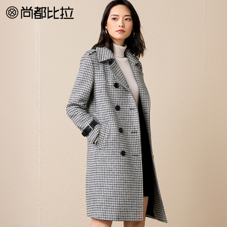 【8折价478元】尚都比拉双排扣复古英伦风格子中长款羊毛呢外套女商品大图