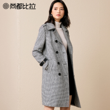 【8折价478元】尚都比拉双排扣复古英伦风格子中长款羊毛呢外套女图片