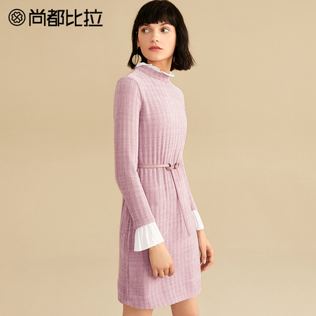 【8折价190元】尚都比拉时尚撞色拼接收腰显瘦假两件毛衣连衣裙女商品大图
