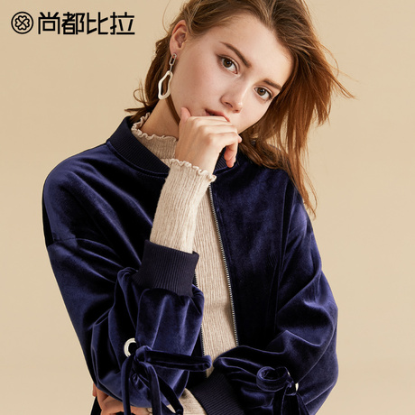 尚都比拉2018冬季新款刺绣丝绒系带圆环拉链短款外套加厚棒球棉服商品大图