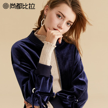 尚都比拉2018冬季新款刺绣丝绒系带圆环拉链短款外套加厚棒球棉服图片