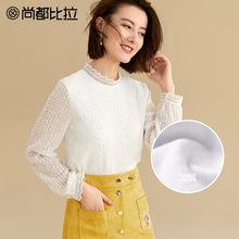 尚都比拉2018秋冬新款气质淑女花边提花拼接蕾丝加绒时尚雪纺衫女图片