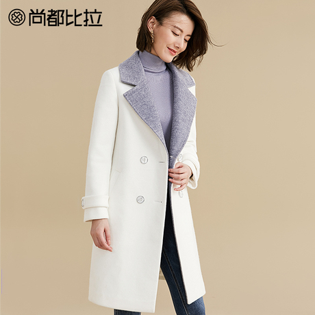 尚都比拉撞色西装领口双排扣韩版中长款简约外搭时尚大衣毛呢外套商品大图
