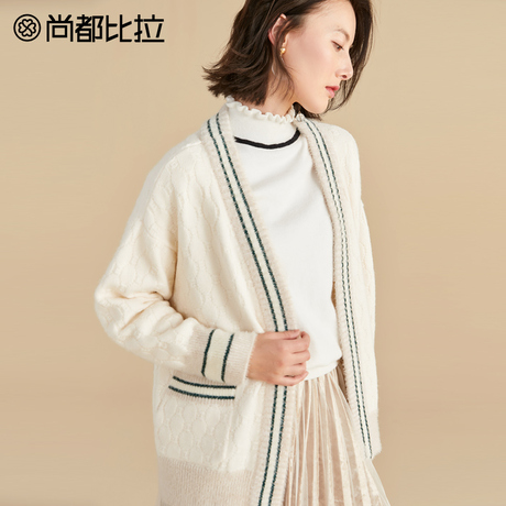 【8折价318元】尚都比拉撞色边提花韩版开衫慵懒风落肩袖毛针织衫商品大图