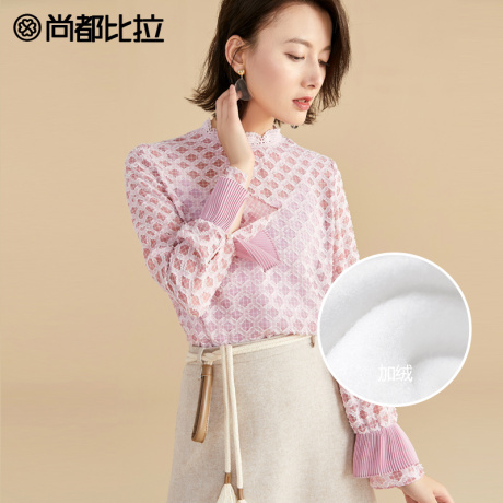 尚都比拉2018秋冬新款淑女粉色上衣蕾丝喇叭袖花边领烧花雪纺衫女商品大图