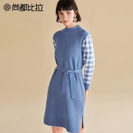 【8折价238元】尚都比拉2018冬新款半高领针织毛衣裙女收腰连衣裙商品大图