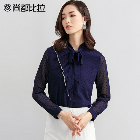 尚都比拉2018秋新款不对称提花小心机透视长袖时尚蝴蝶结雪纺衬衫商品大图