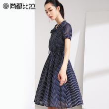 【惠】遮肚子时尚条纹雪纺连衣裙女夏V领冷淡风中长裙子2018新图片